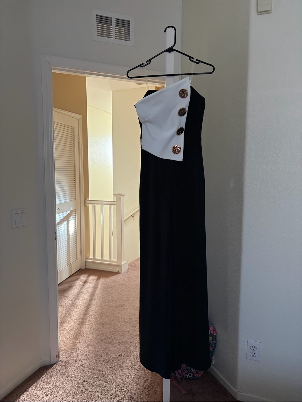 Black and White One-Shoulder Maxi Dress with Accent Buttons